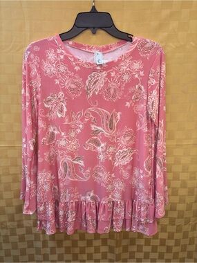 hazel Pink Paisley Ruffle-Hem Long Sleeve Tunic